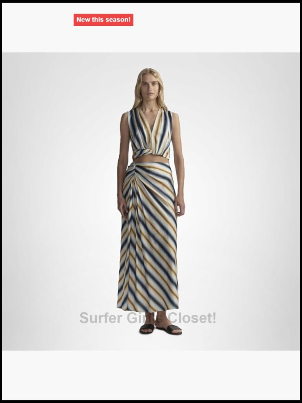 Cropped Sleeveless V-Neck Twisted Front Stripe Viscose Satin Tank Top